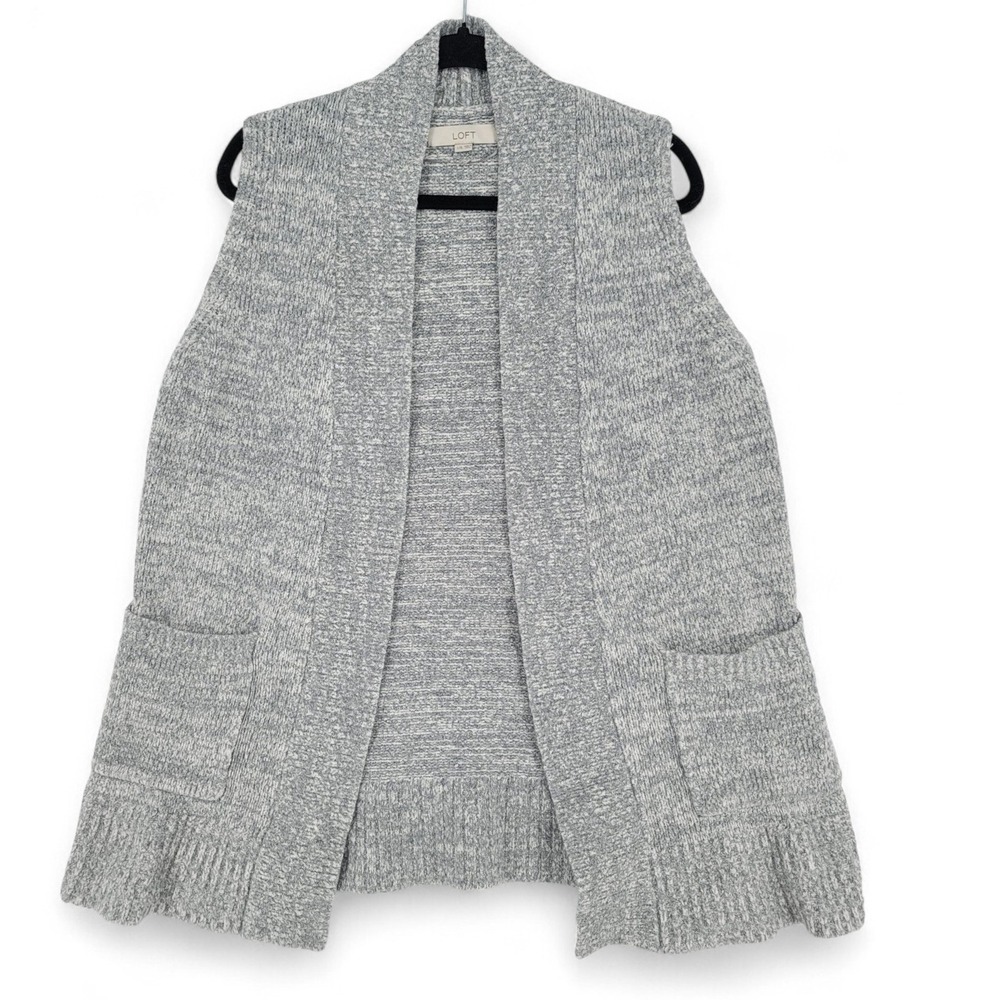 LOFT L/XL Gray Open Front Knit Sweater Vest Pockets Cozy Chunky Layering EUC